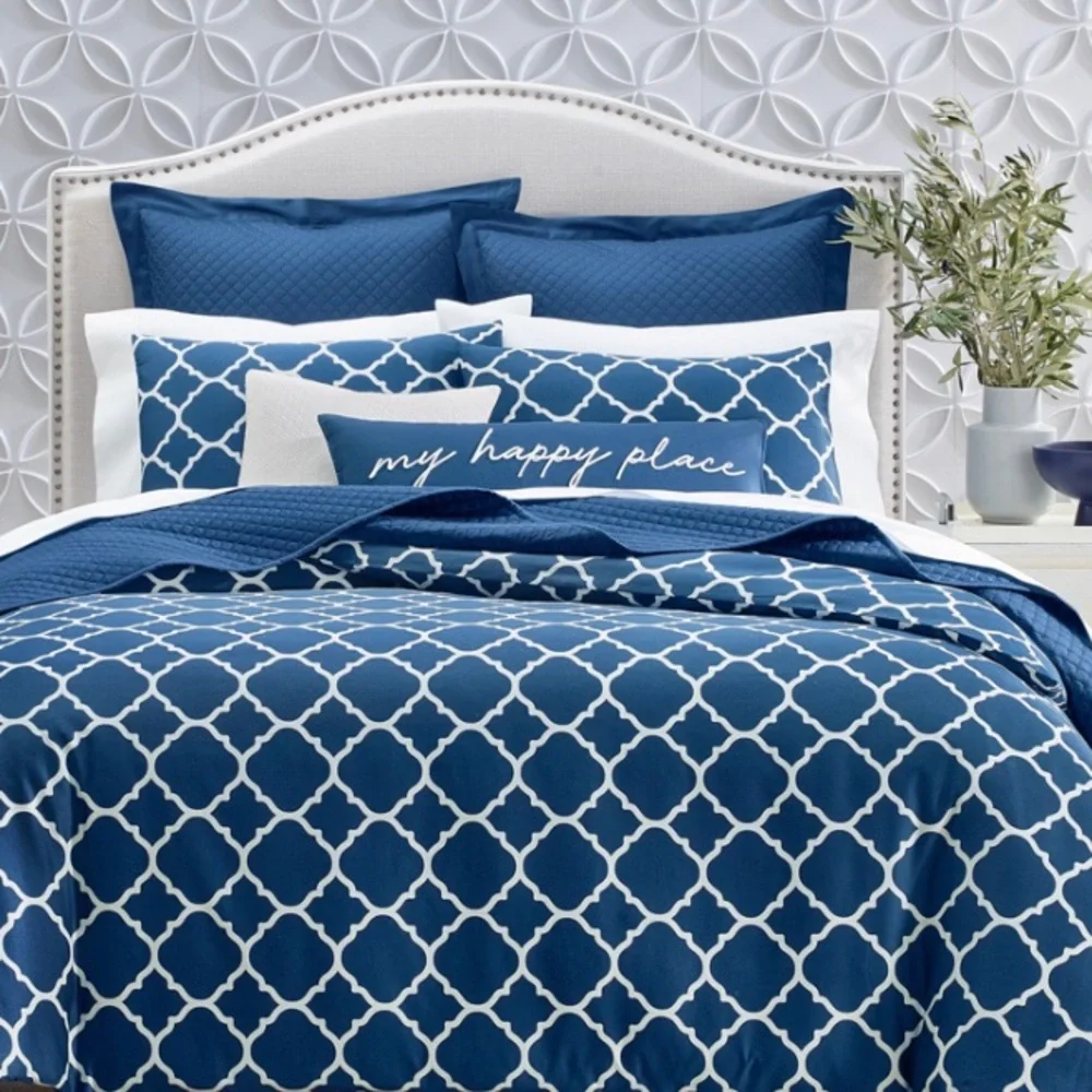 NWT Charter Club Geometric Dove 2 PC Duvet Cover Set, Twin, Navy Peony